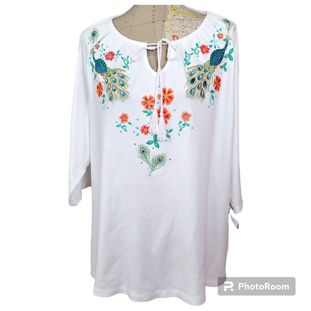 Quacker Factory Size 2X White Embroidery Blue Peacock Jeweled Peasant Blouse NWT